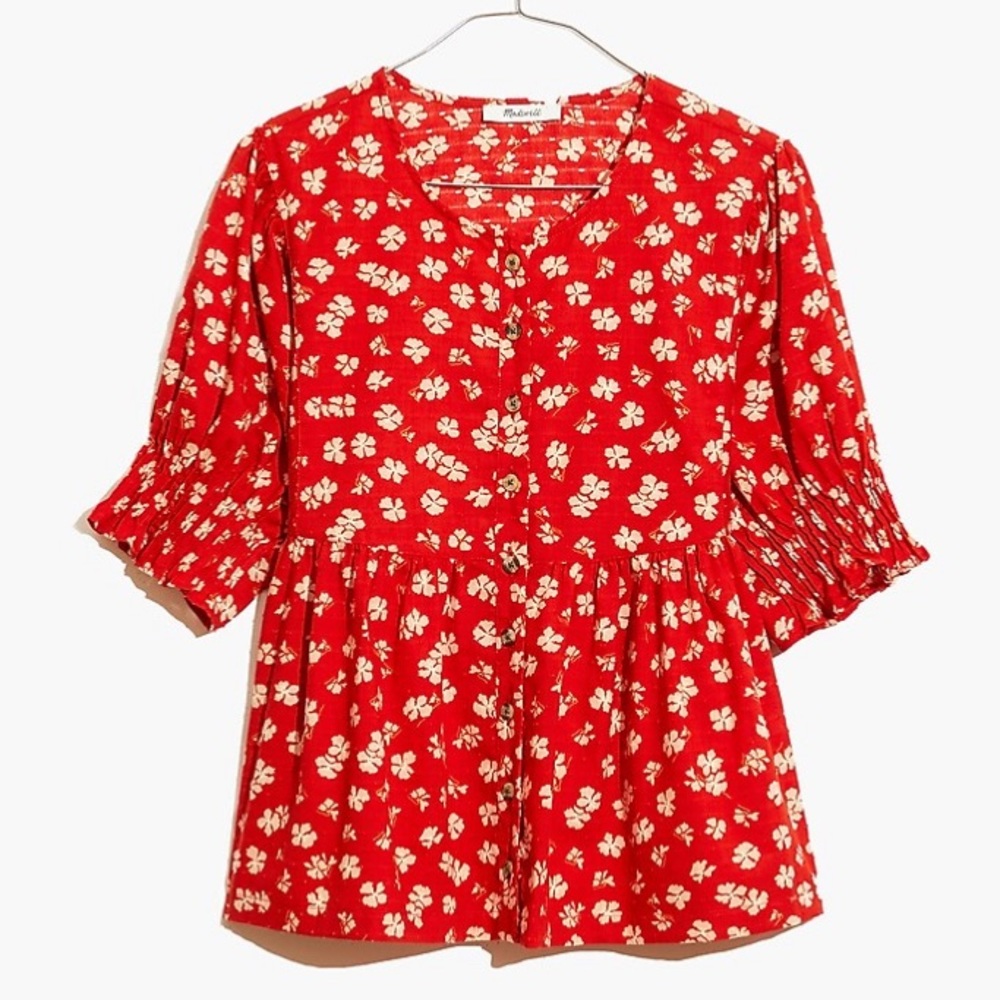 Madewell Puff-Sleeve Button-Front Top in Swiss Dot Happy Hibiscus
